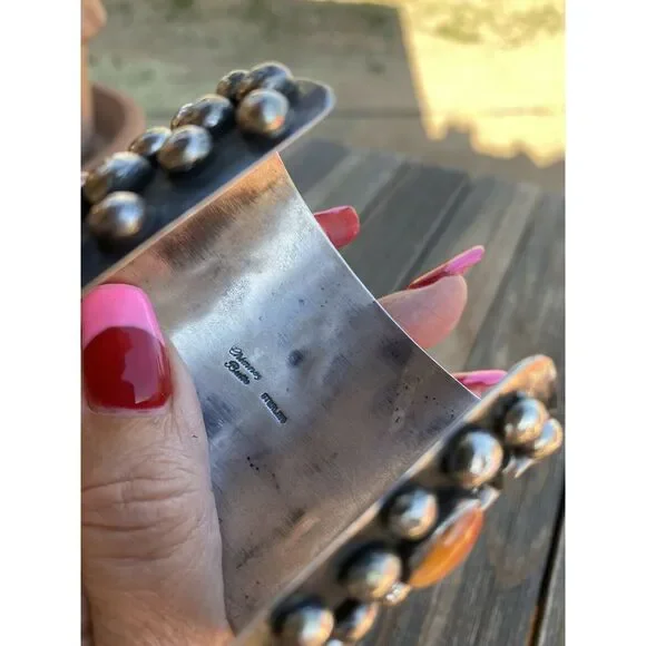 Navajo Sterling Silver & Orange Spiny Cross Bracelet By Chimney Butte Signed